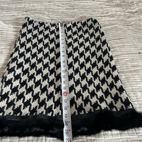 Cynthia Steffe Houndstooth Pencil Skirt Rabbit Fur Leather Hem Retro Sz 6 /8 - Picture 8 of 9